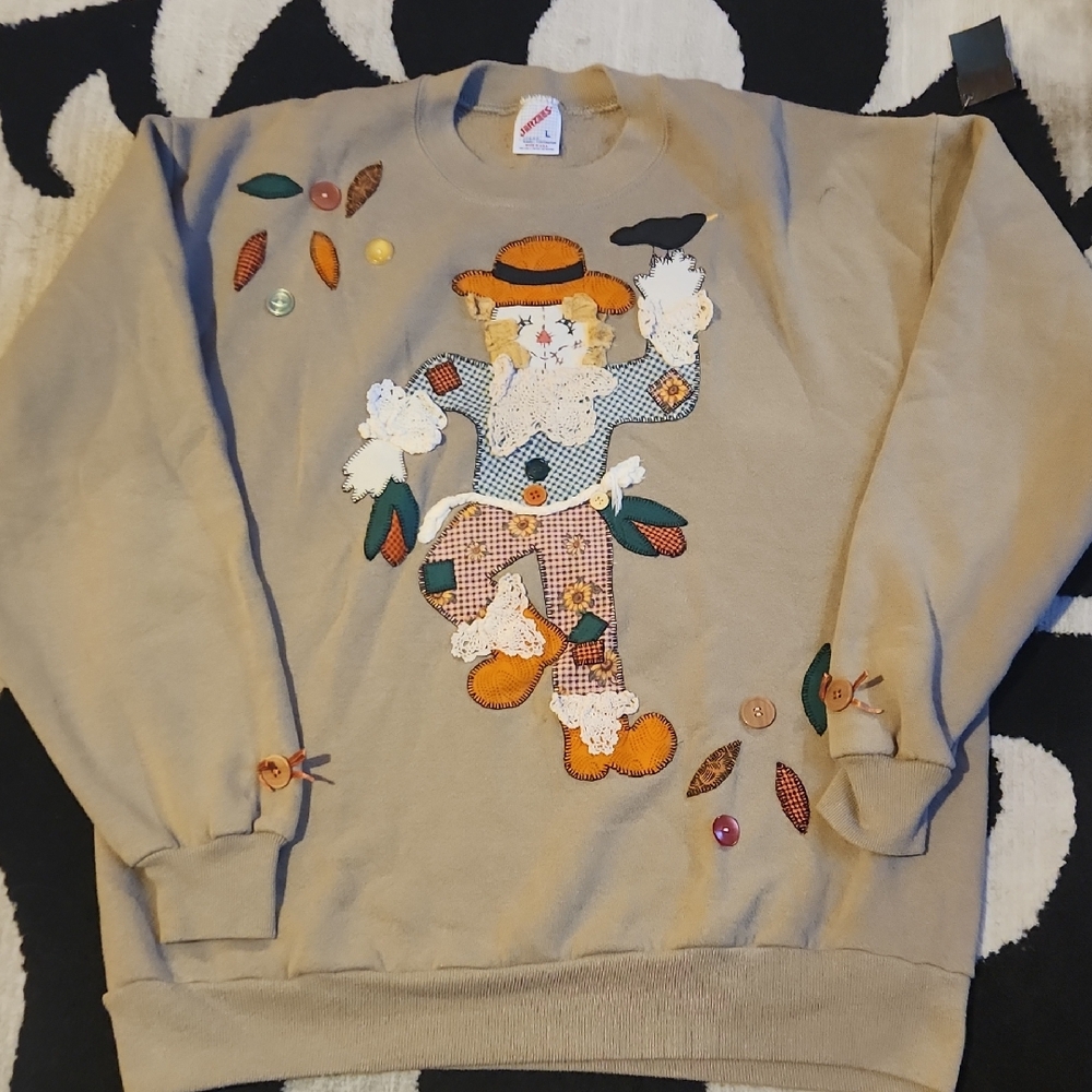Vintage, Jerzees, Tan, Doily Wear, Ozark Craft, Scarecrow Embroided Fall Sweater